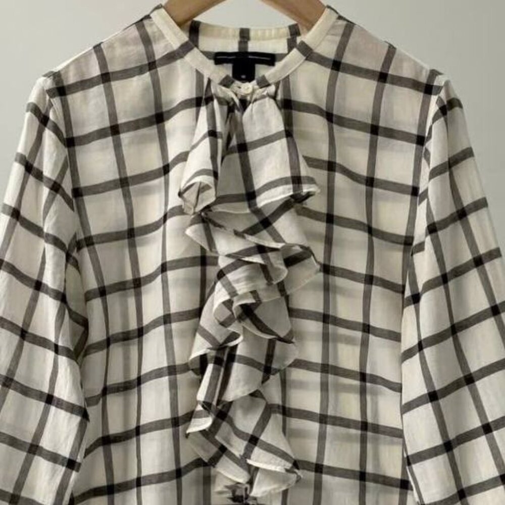 Black and White Plaid Ruffle Front Blouse - Picture 2 of 3